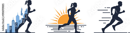 Silhouettes of runners in different environments: city, sunrise, and speed lines