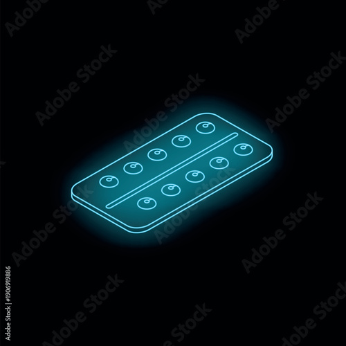 Neon blue pills blister pack glowing on dark background, representing healthcare, medicine, and pharmaceuticals