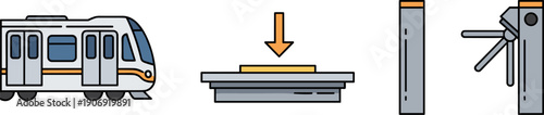 Public transportation icons: train, ticket validation, and turnstile for entry