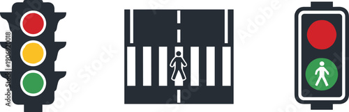 Traffic signals and pedestrian crossing icons representing road safety and traffic control