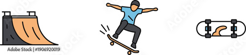 Skateboarder performing a trick on a ramp with a skateboard illustration