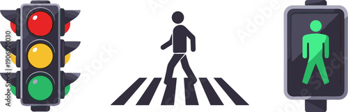 Traffic signals and pedestrian crossing icons for safe road navigation and urban mobility