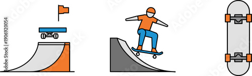 Skateboarding elements including ramps, a rider performing a trick, and a skateboard