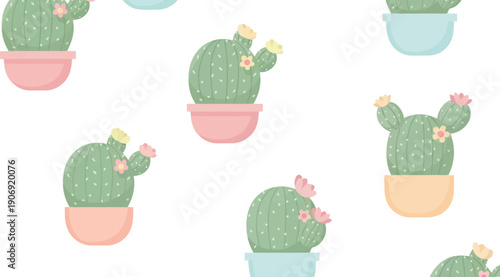Cute cactus vector clipart seamless pattern with pastel potted succulents for kids and nursery decor