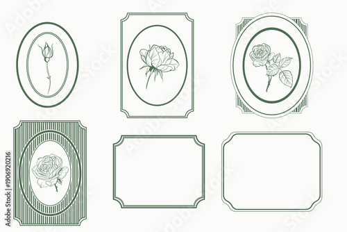 Set of vector vintage style simple frames with lined rose flowers 