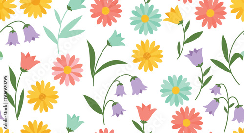 Seamless floral vector clipart pattern with colorful spring flowers and leaves on white background