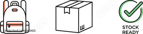 Backpack, shipping box, and stock ready checkmark icons on white background