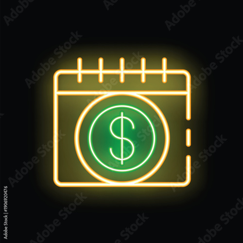 Glowing neon calendar shows a dollar sign, representing payday loans, debt, and short term financing