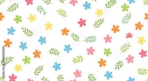 Seamless floral vector clipart pattern with colorful flowers and green leaves on white background