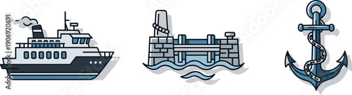Nautical icons: ferry boat, pier, and anchor with chain on a white background