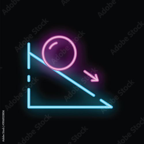 This neon sign is illustrating the concept of gravity with a ball rolling down an inclined plane