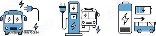Electric bus charging and battery icons representing sustainable urban transport solutions