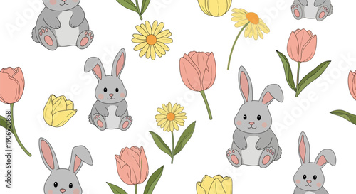 Cute bunny and spring flowers seamless pattern vector clipart for Easter and kids designs