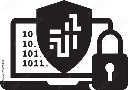 Cybersecurity Concept Icon Black Silhouette Laptop with Shield, Padlock, and Binary Code on White