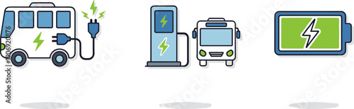 Electric bus charging icons and battery symbol representing sustainable public transportation