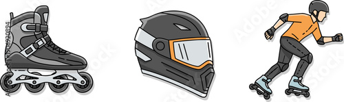 Inline skates, helmet, and person rollerblading with protective gear