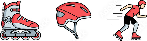 Inline skating equipment and action illustration with red and white color scheme