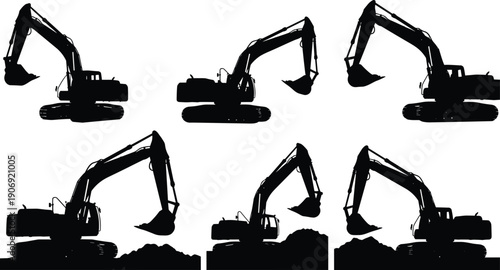 Excavator silhouette collection, heavy construction machinery poses, industrial digging equipment illustration set, isolated black vector design, engineering, mining, earthmoving, work, industry