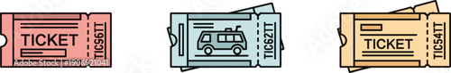 Collection of three colorful tickets with different icons and text for events or travel