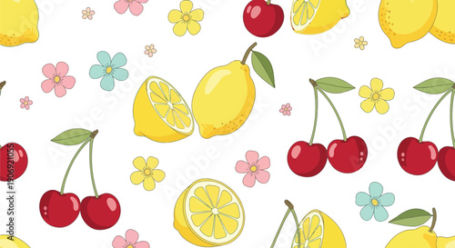 Seamless fruit vector clipart pattern with lemons, cherries, and flowers on white background