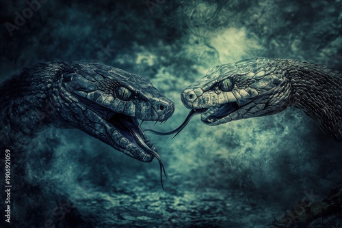 Intense confrontation between two serpents dark forest digital art mysterious environment close-up perspective nature's struggle