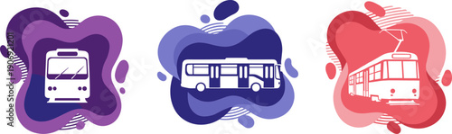 Collection of public transport icons: tram, bus, and trolleybus on abstract colorful backgrounds