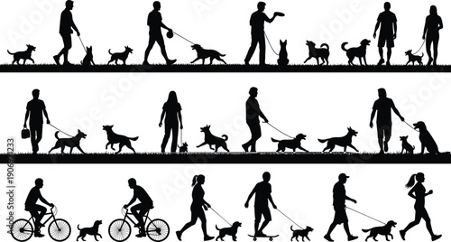 People walking dogs silhouette collection, pet owners outdoor activities, lifestyle scenes illustration set, isolated black vector design, pets, walking, training, exercise, park