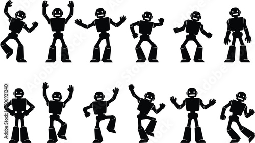 Humanoid robot silhouette vector illustration set, dynamic robot poses drawing, futuristic sci fi android design art collection, flavector