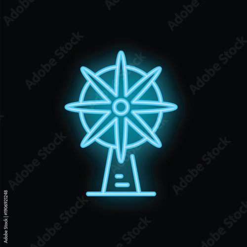 Minimalist blue neon icon of a ferris wheel glowing on black background, perfect for any project needing a simple yet eye catching representation of amusement parks and summer fun