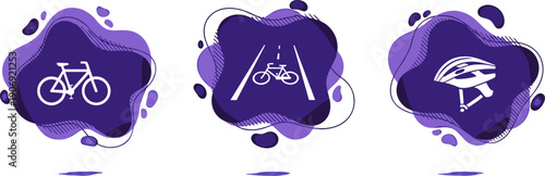 Set of icons representing cycling: bicycle, bike lane, and helmet on abstract purple shapes