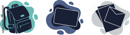 Collection of simple graphic icons representing school supplies and communication