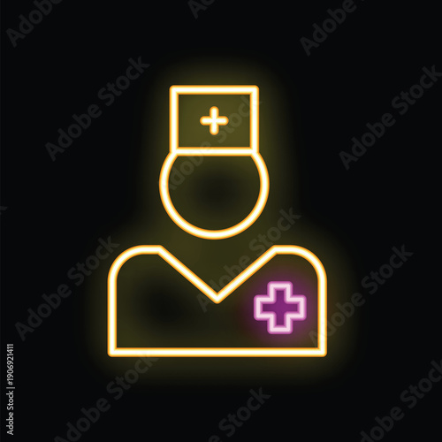Glowing neon line icon of a doctor wearing scrubs and a hat with a cross on a black background