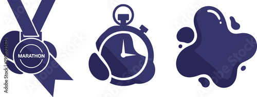 Marathon medal, stopwatch, and abstract shape icons representing achievement and progress