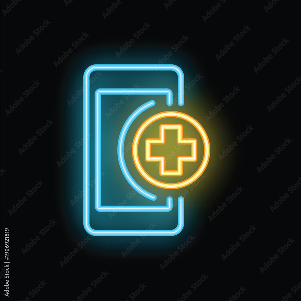 Obraz premium Glowing neon icon of a mobile phone displaying a medical cross symbol, representing healthcare apps and services