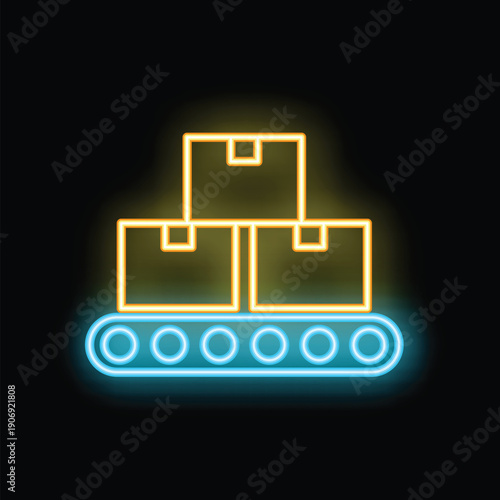 Neon sign representing a conveyor belt moving cardboard boxes, a concept image about logistics and delivery