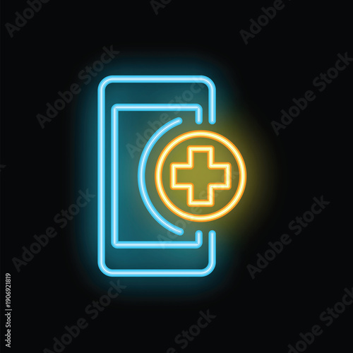 Glowing neon icon of a mobile phone displaying a medical cross symbol, representing healthcare apps and services