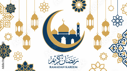 Ramadan Kareem greeting card with crescent moon, mosque silhouette, lanterns, and ornate Islamic patterns in gold and blue on a white background.