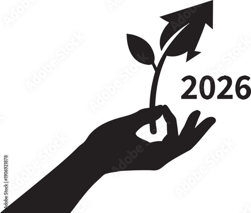 Growth Strategy 2026 Silhouette of Hand Nurturing a Sprout with Upward Arrow