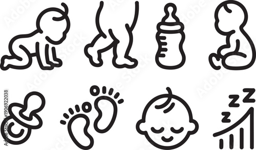Baby icons set vector illustration with crawling baby pacifier bottle footprints sleeping baby
