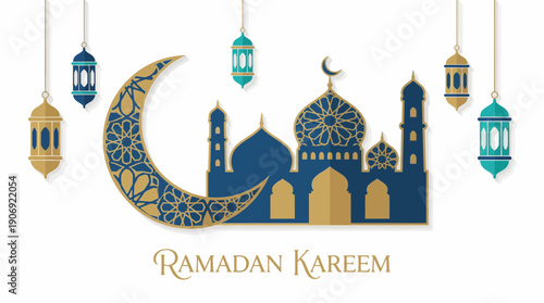 Elegant Ramadan Kareem greeting card with mosque, crescent moon, and traditional lanterns on a white background.