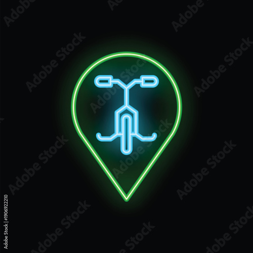 Bright green and blue neon sign in the shape of a map marker pointing at a kick scooter, great for all things scooter related