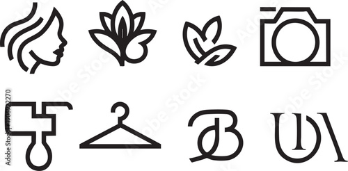 Beauty and fashion icons vector illustration female profile lotus leaves camera hanger light bulb