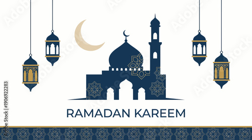 A festive Ramadan Kareem greeting card featuring a blue mosque silhouette, a golden crescent moon, and ornate hanging lanterns on a white background with a decorative border.
