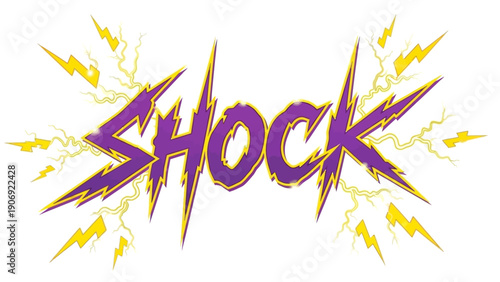 Comic-style Shock text in bold jagged purple and yellow with dynamic lightning bolts and sparks around it on a transparent background, symbolizing energy or surprise. Vector illustration