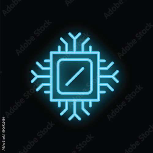 Blue neon cpu icon glowing on black background representing computing power, technology and innovation