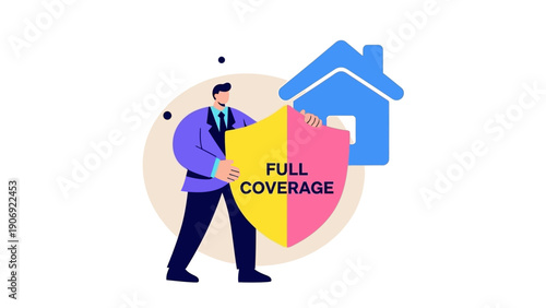 A man in a suit holding a pink and yellow shield labeled Full Coverage in front of a blue house icon, flat style, on white background, concept of home insurance protection