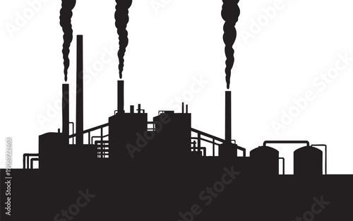 Industrial Pollution Concept Black Silhouette of Factory with Smoke Stacks Pipes