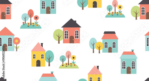 Seamless Cute Houses Vector Clipart Pattern with Trees and Flowers for Kids Design