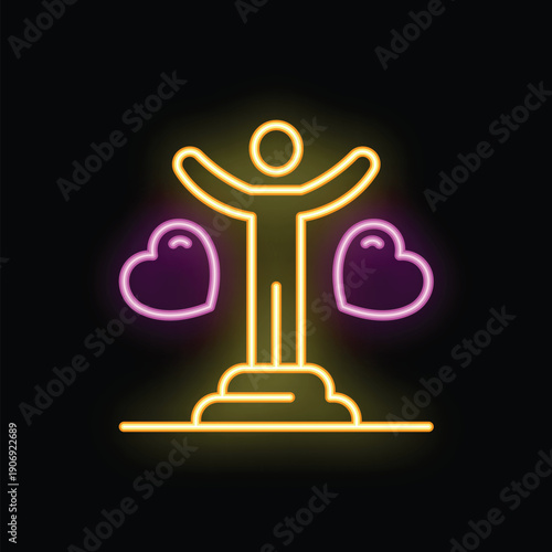 Neon sign representing a person standing with open arms, balancing two hearts, symbolizing emotional balance and self love