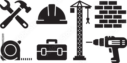 Black silhouette icons for construction industry, crane, hammer, hard hat, drill